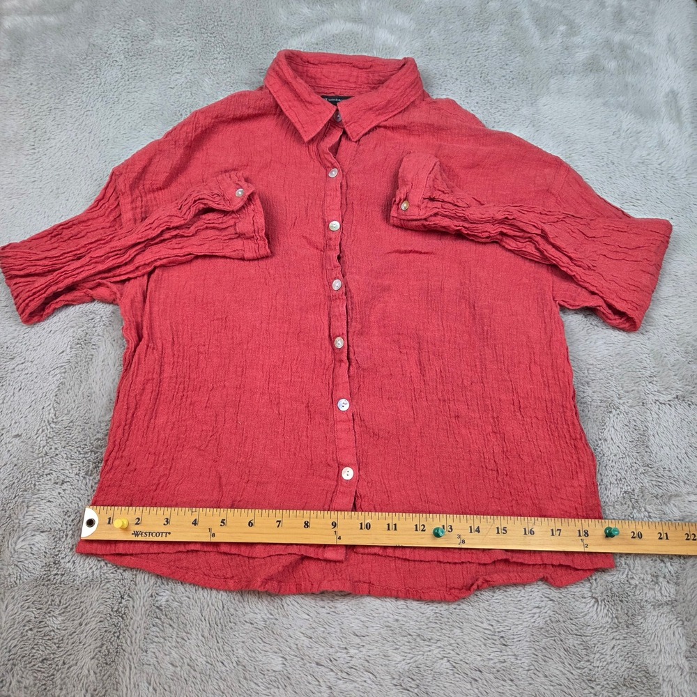 Tahari Linen Button Down Shirt Womens Sz M Crinkle European Flax Coral Red Top